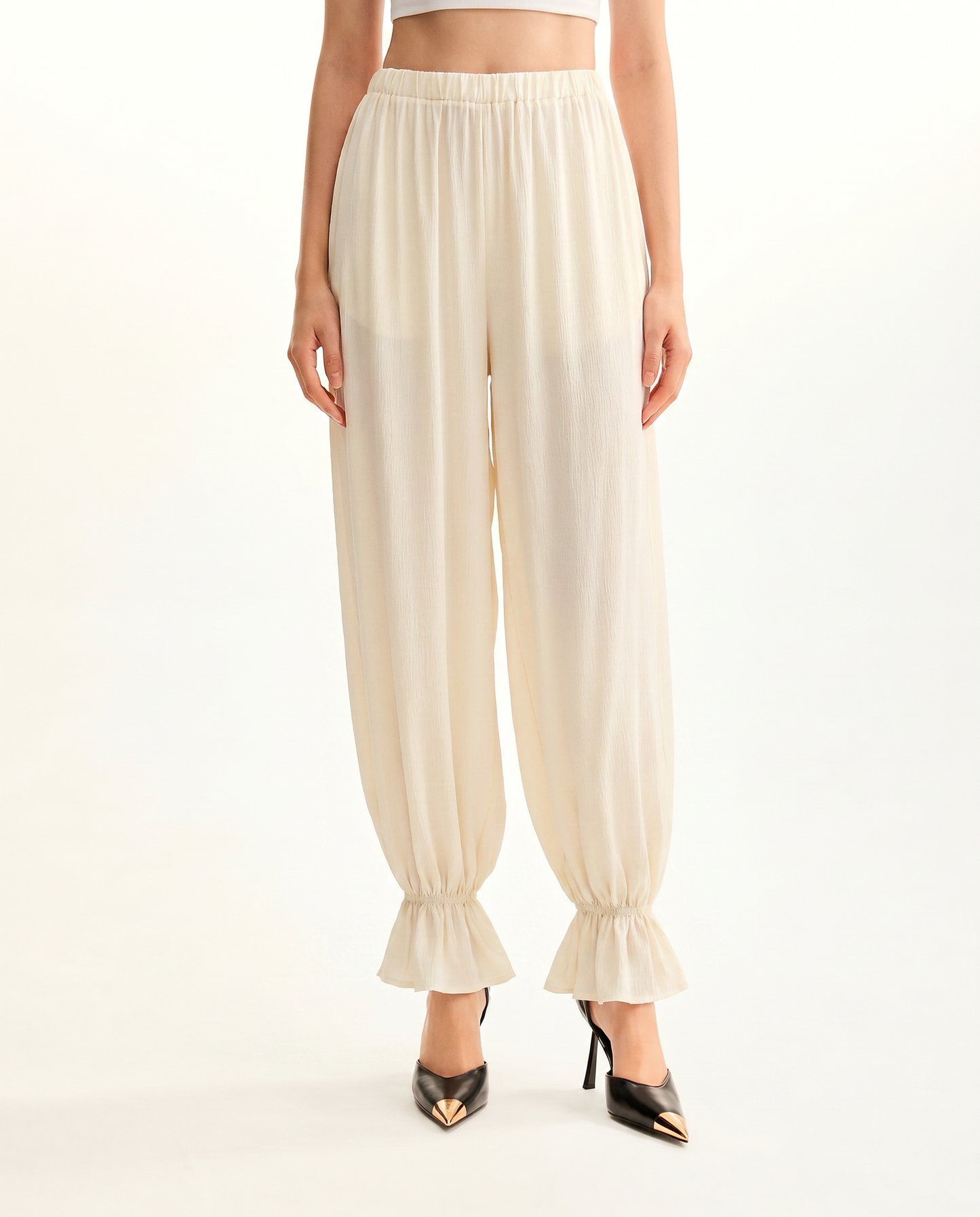 Cream Ruffle Hem Balloon Pants - image 3